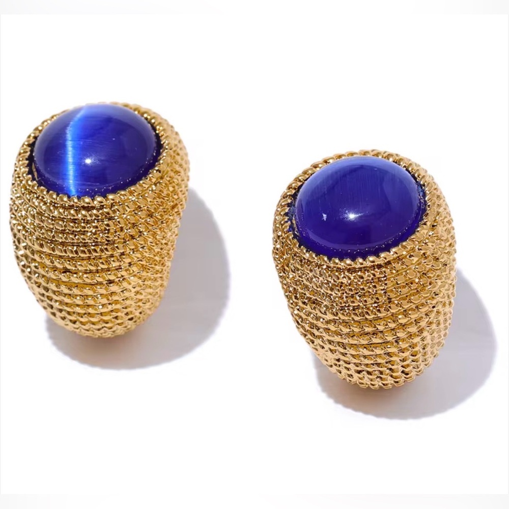 Sara Sotti Stainless Steel Blue Cabochon Gold Textured Earrings